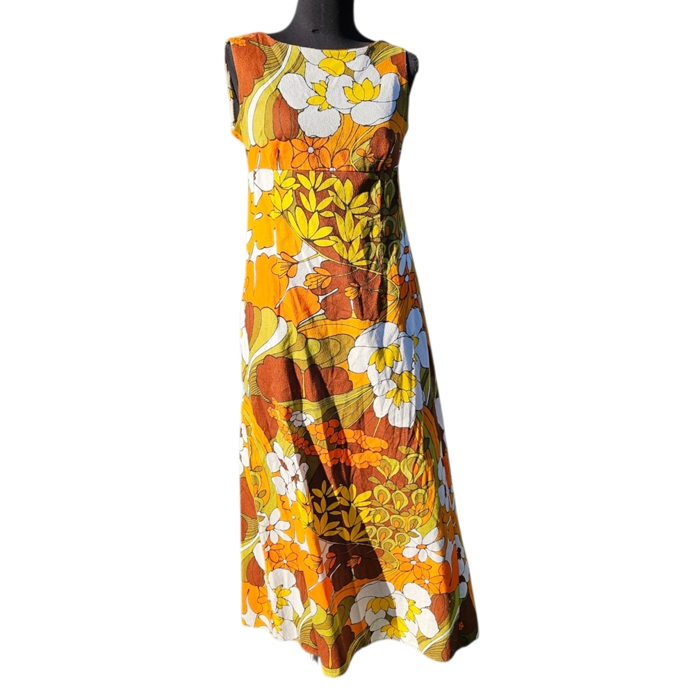 Vintage Sleeveless Orange Floral Maxi Dress with White Accents Hawaiian